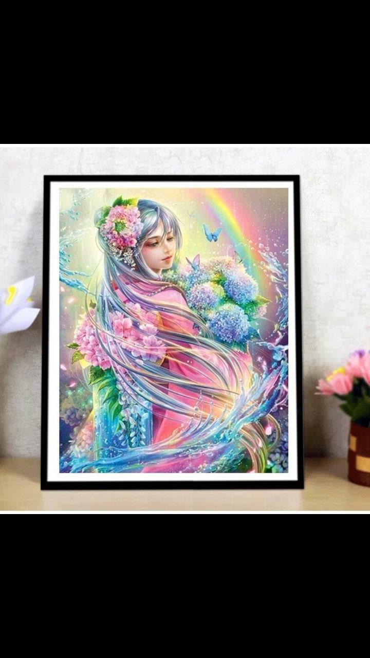 絵画。原画【美しい花かごを持ってかわいいワンちゃんとデートに
