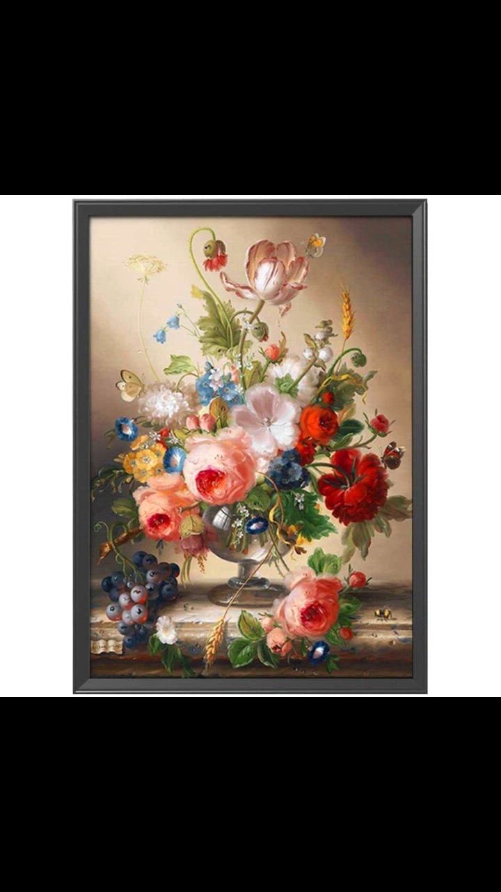 花模様の抽象的な絵画、大、中、小の花柄が織り成す華やかさの絵