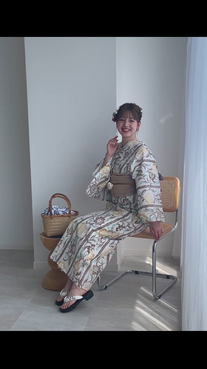 浴衣 レディース セット 綿絽 浴衣3点セット 胡桃と山吹茶色の縞