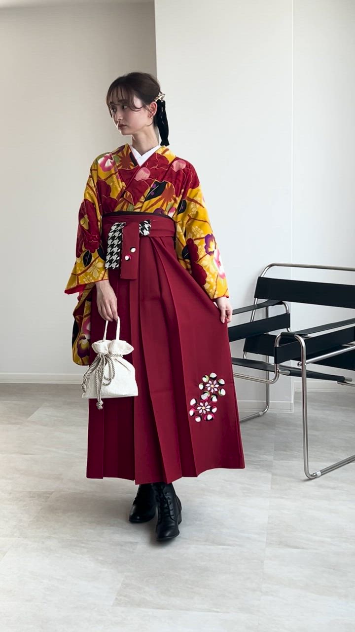 2尺袖 紅一点 ポリエステル着物 袴用 金彩 和モダン 袴 レンタル 卒業式 2尺袖着物 17点セット 紅一点 レトロ モダン