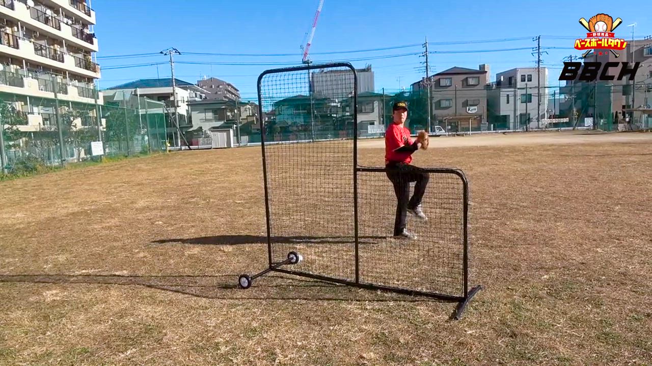 野球 練習 L字型ネット スチール製 投手用 2.1m×2.1m キャスター