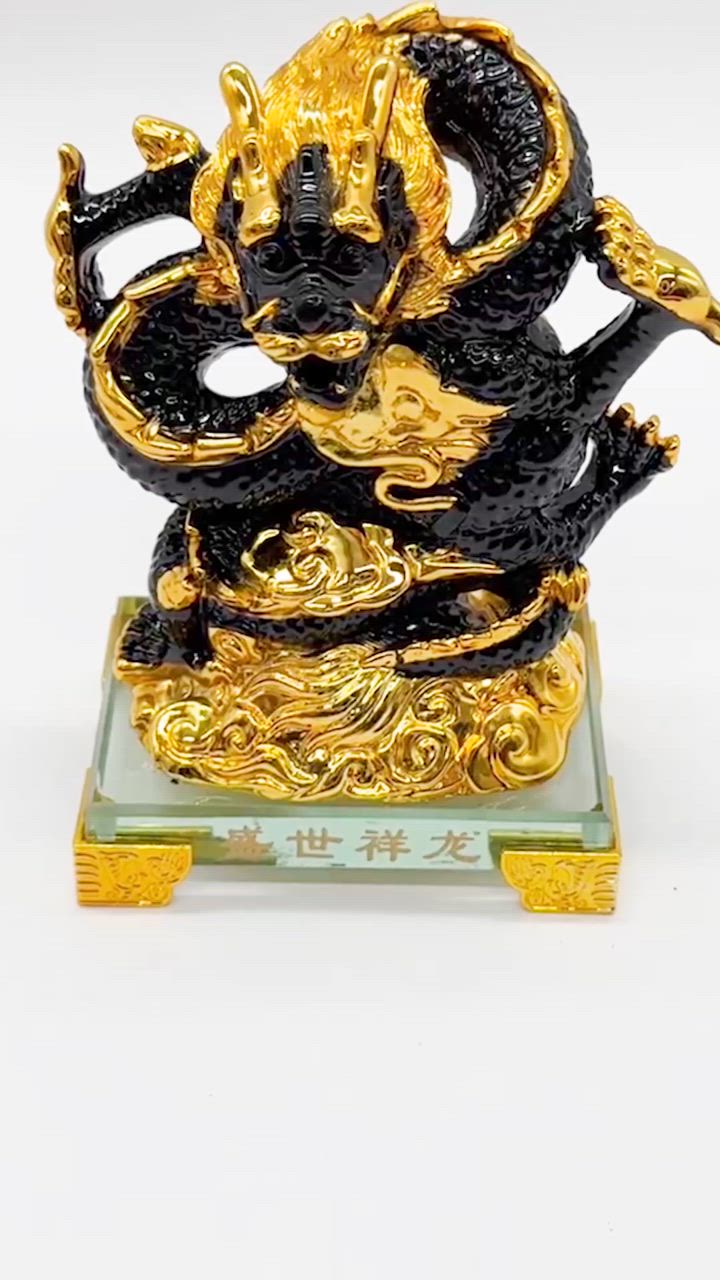 龍の置物 龍 昇龍 黒 樹脂製置物 ガラス台座 14cm : 横浜中華街