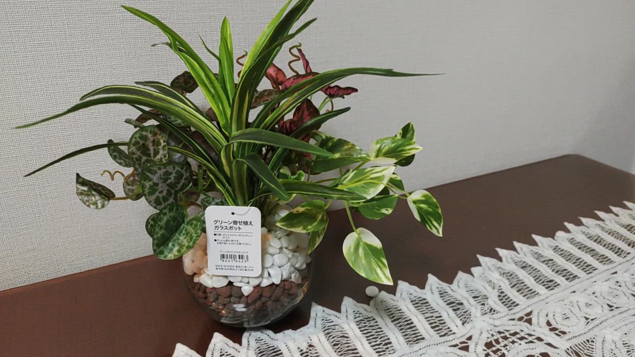 再販ガラスポットbフェイクグリーン寄せ植え風アレンジ