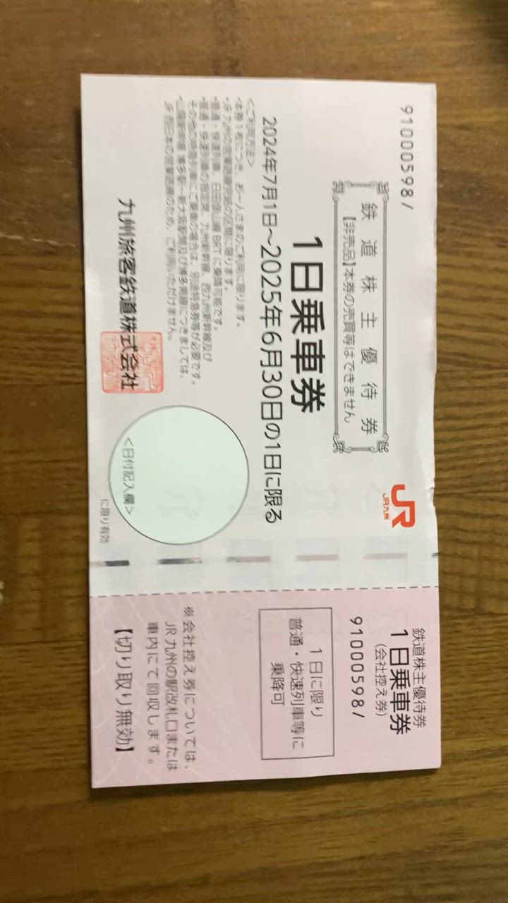 JR九州鉄道株主優待券 (1日乗車券) 有効期限2025年6月30日まで
