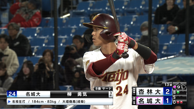 １点を追う名城大は土壇場で先頭がフォアボール