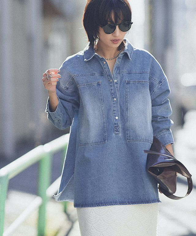 美品 45R シャツワンピース デニム インディゴ ストライプ プルオーバー 45R（フォーティファイブアール）の「小麦デニムのシャツドレス