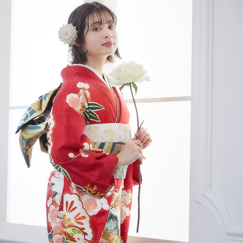 508z8〇京都きもの友禅 古典柄 振袖 地紋 毬 松竹梅 赤〇成人式 結婚式 508z8〇京都きもの友禅 古典柄 振袖 地紋 毬 松竹梅 赤〇成人式