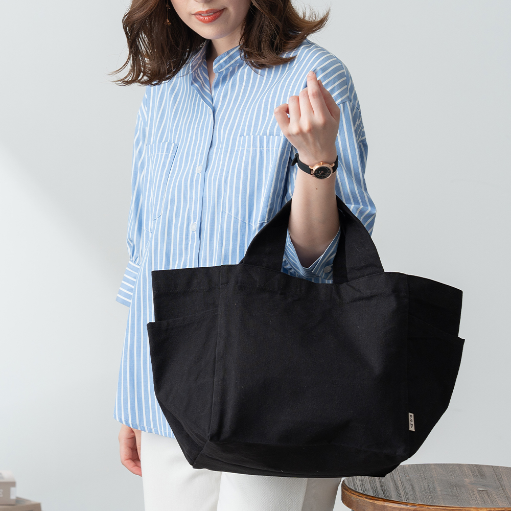 new♪ 墨黒コットンリネン どこへ行くにも一緒♡のコロンとトートバッグ (大) iroma..aranciatoR & D.M.Co-(オールドマンズテーラー)コットン